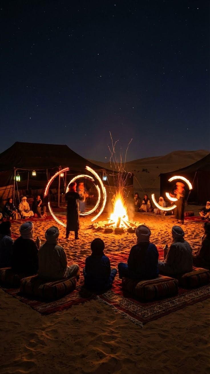 Berber desert camp at night with campfire and fire dancers in the Erg Chebbi dunes near Merzouga
